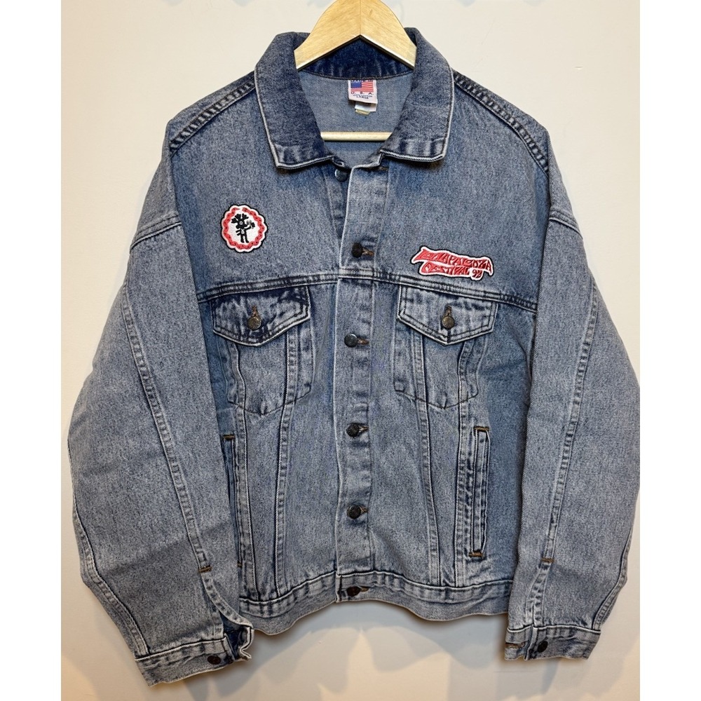 VTG 1992 Lollapalooza Concert Band Denim Trucker Jean Jacket Sz LG Made In USA